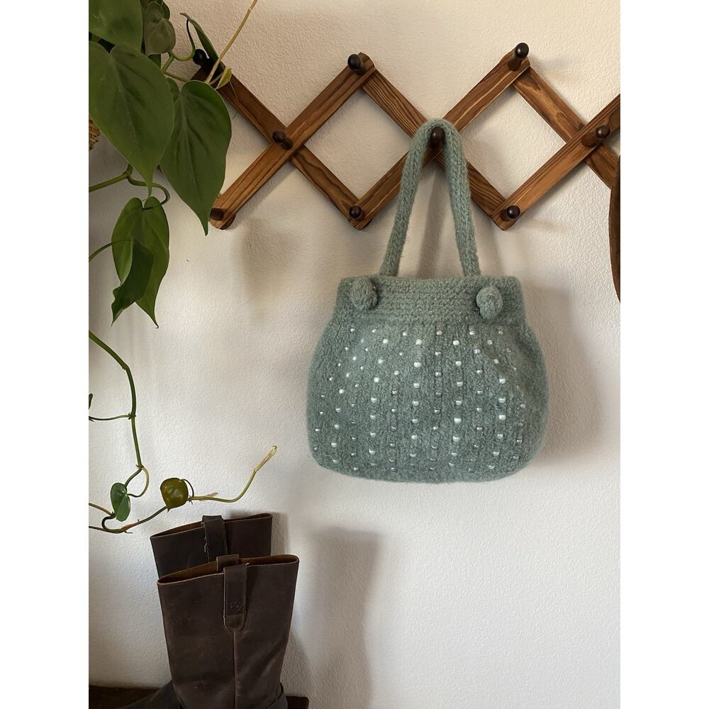 Handcrafted Felted 100% Wool Hand Bag Beaded Detail Seafoam Green Boho Hippie